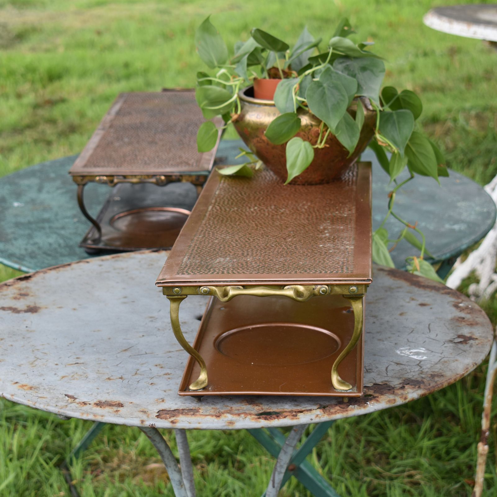 photo for sale Antique Henry Loveridge Repousse Copper & Brass Warmer Plant Display Stand Pair