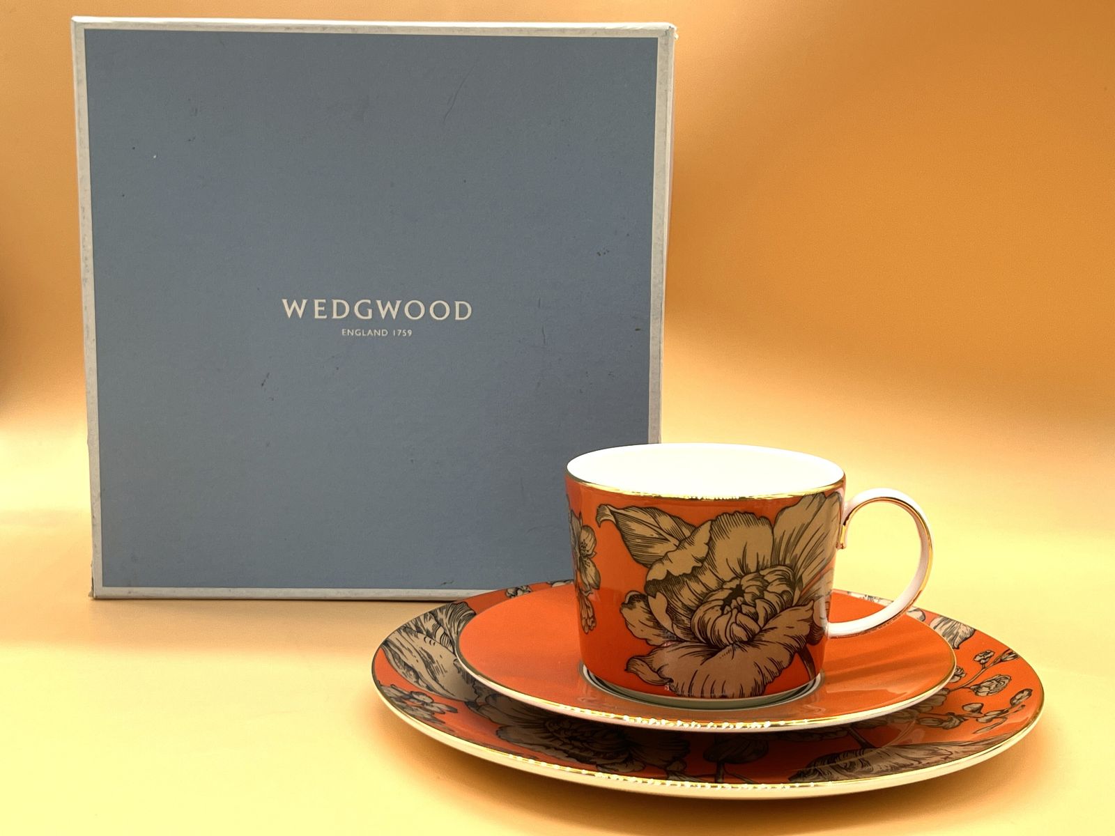 Wedgwood Pottery Vibrance Orange Tea Cup, Saucer & Side Plate Trio Boxed. photo furniture