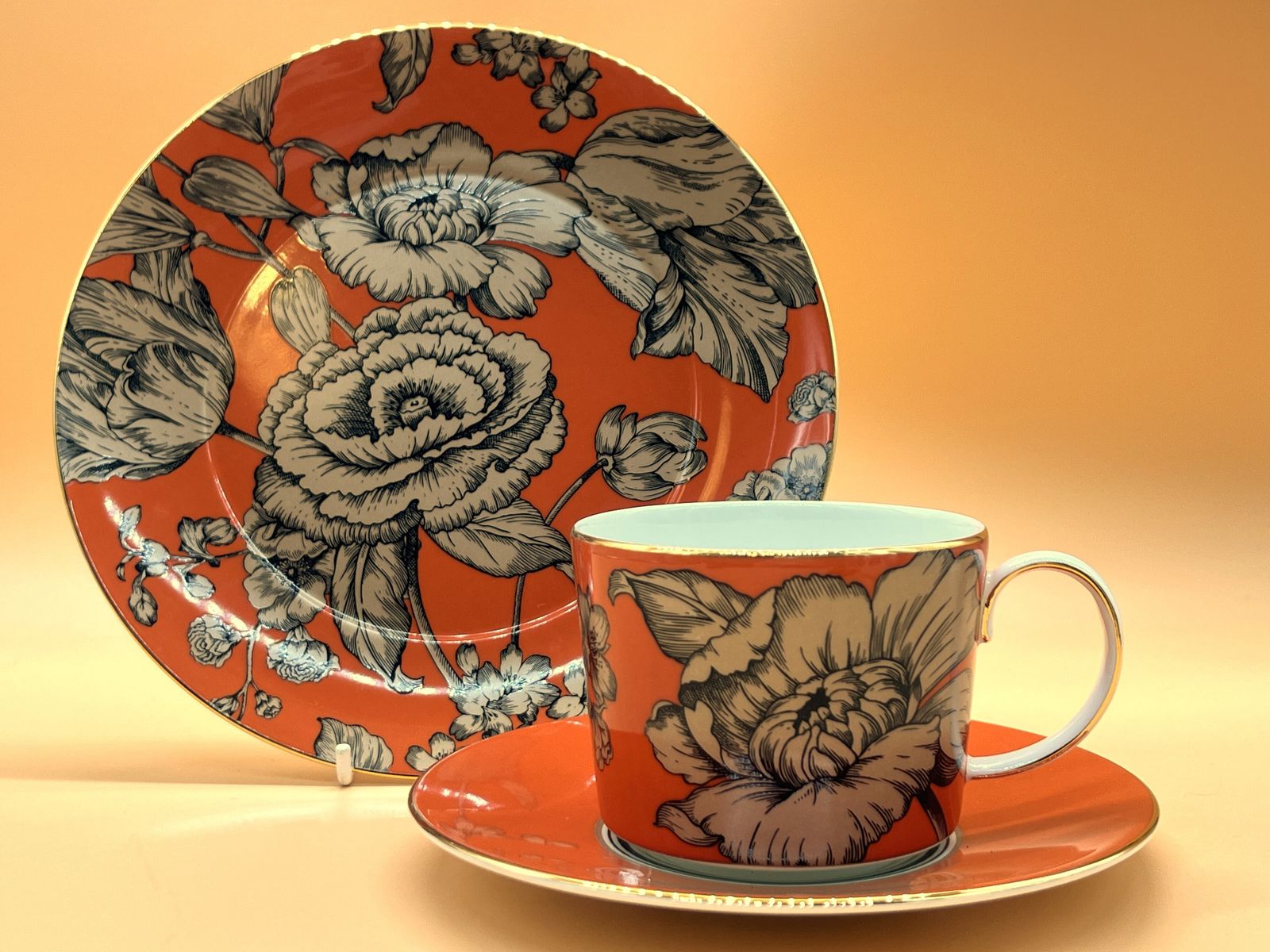 Wedgwood Pottery Vibrance Orange Tea Cup, Saucer & Side Plate Trio Boxed.