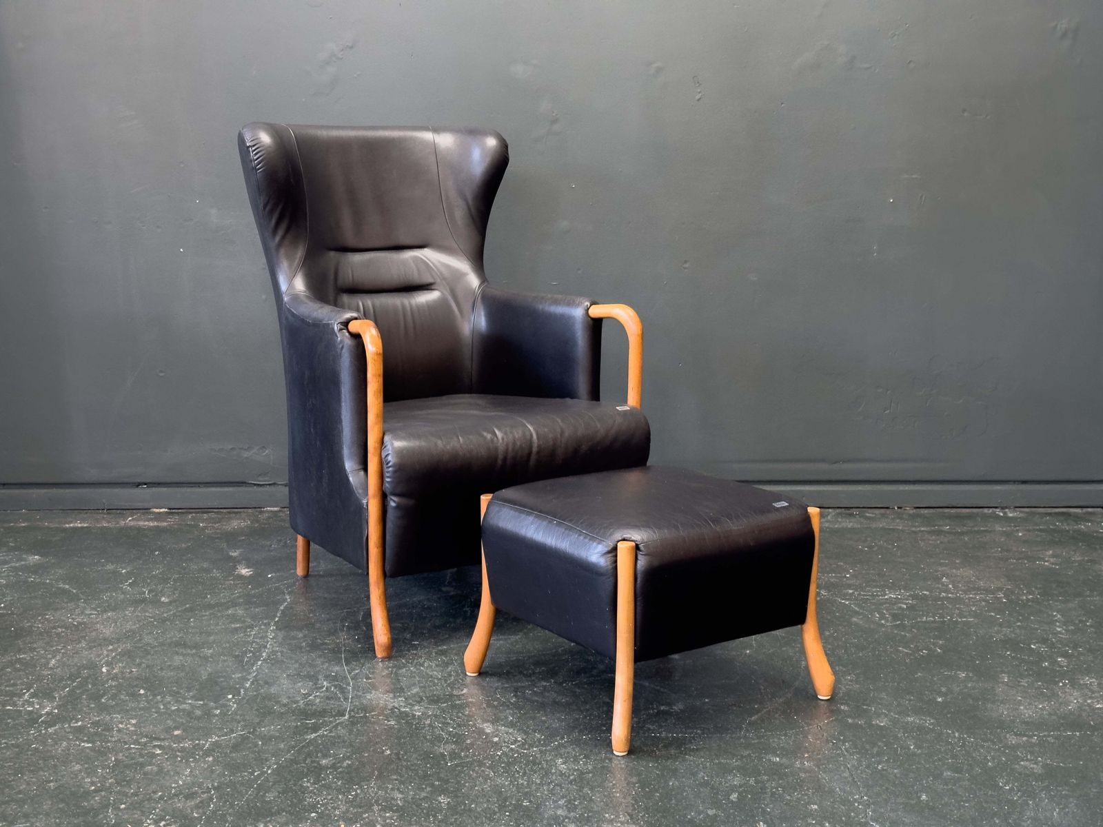 'Claudia' Black Leather And Beech Highback Armchair With Footstool By Stouby photo buy