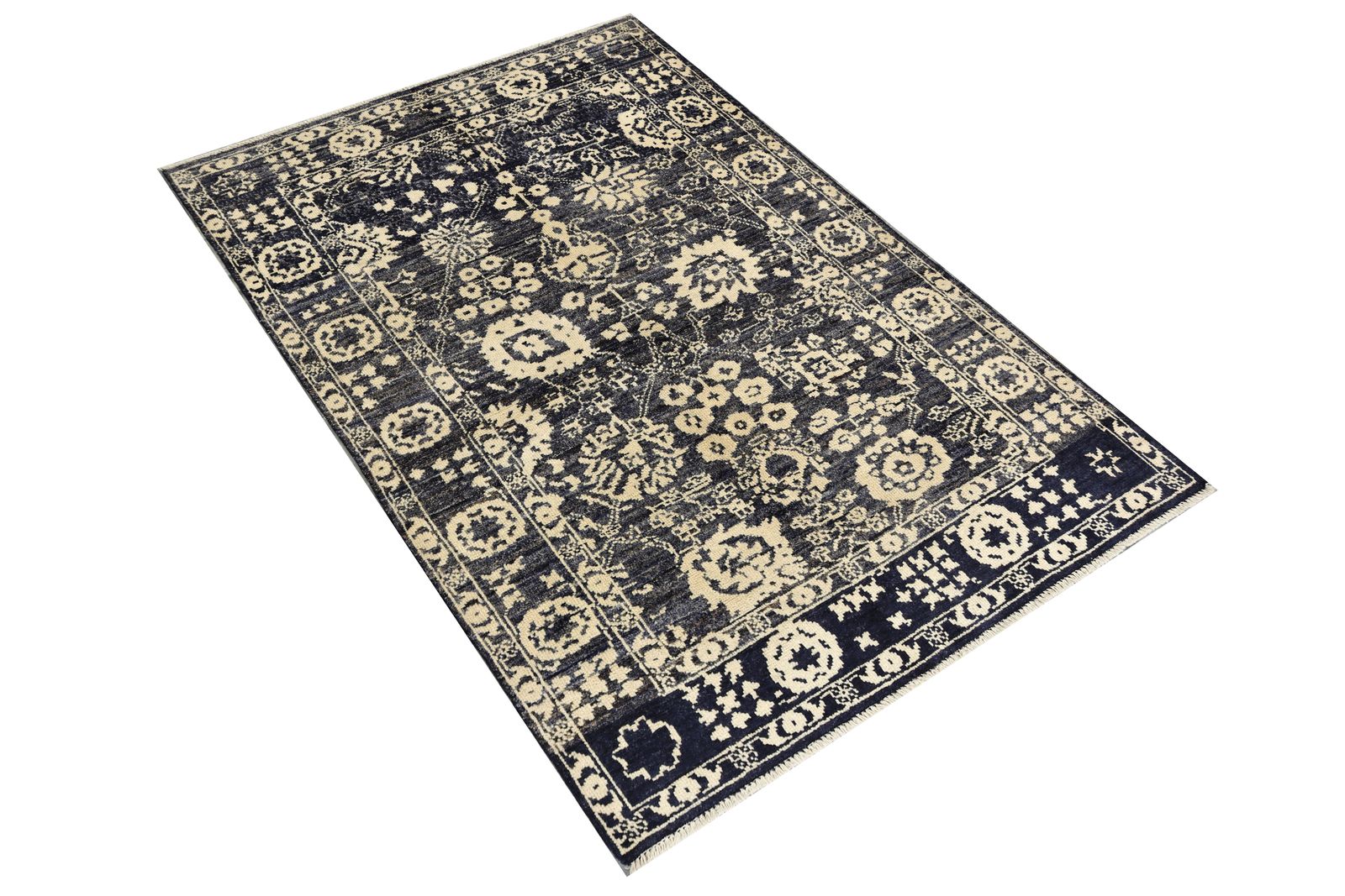 Turkish Oushak Black Floral Hand Knotted Area Rug 127x188cm photo furniture