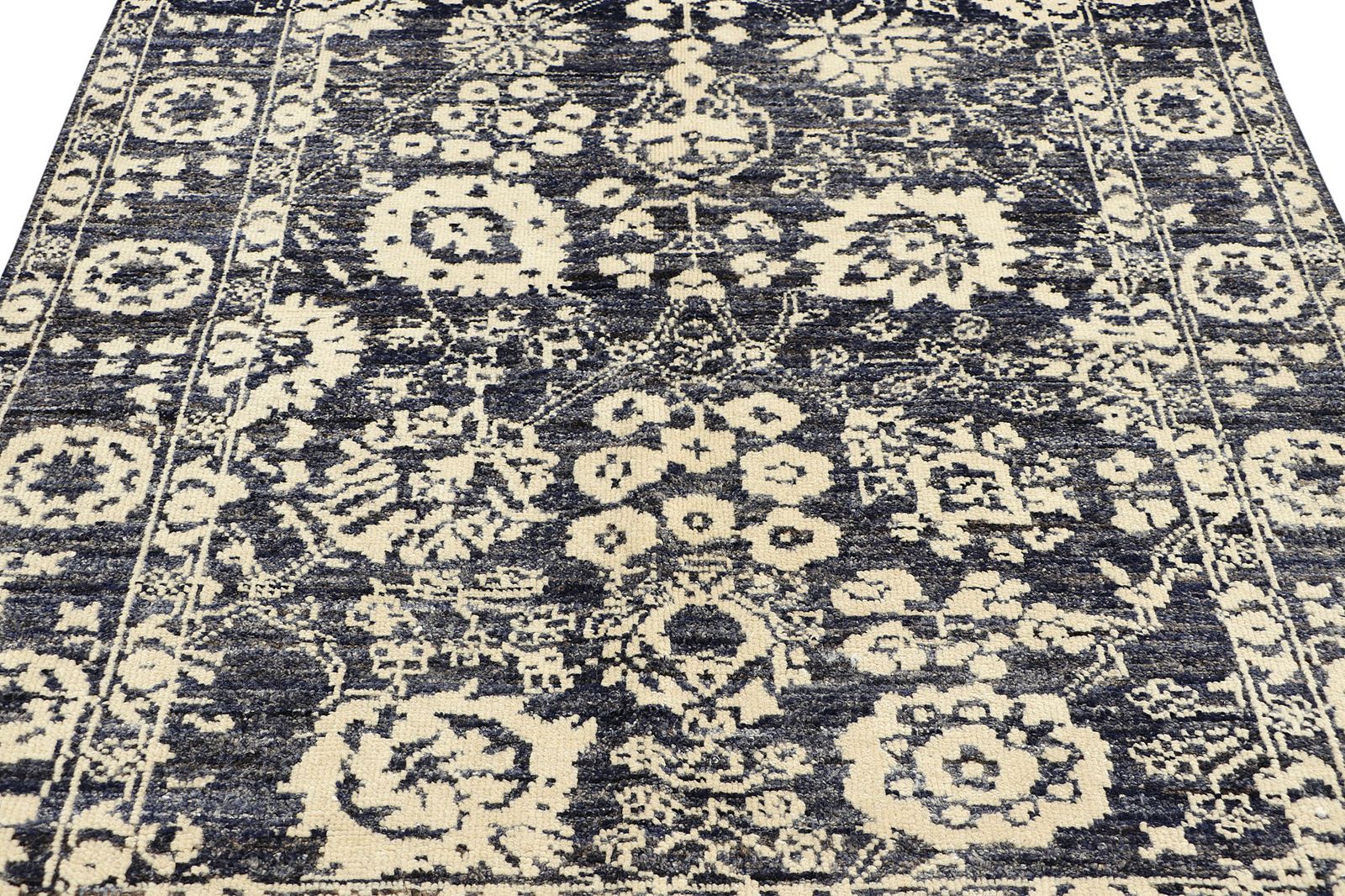 Turkish Oushak Black Floral Hand Knotted Area Rug 127x188cm photo for sale