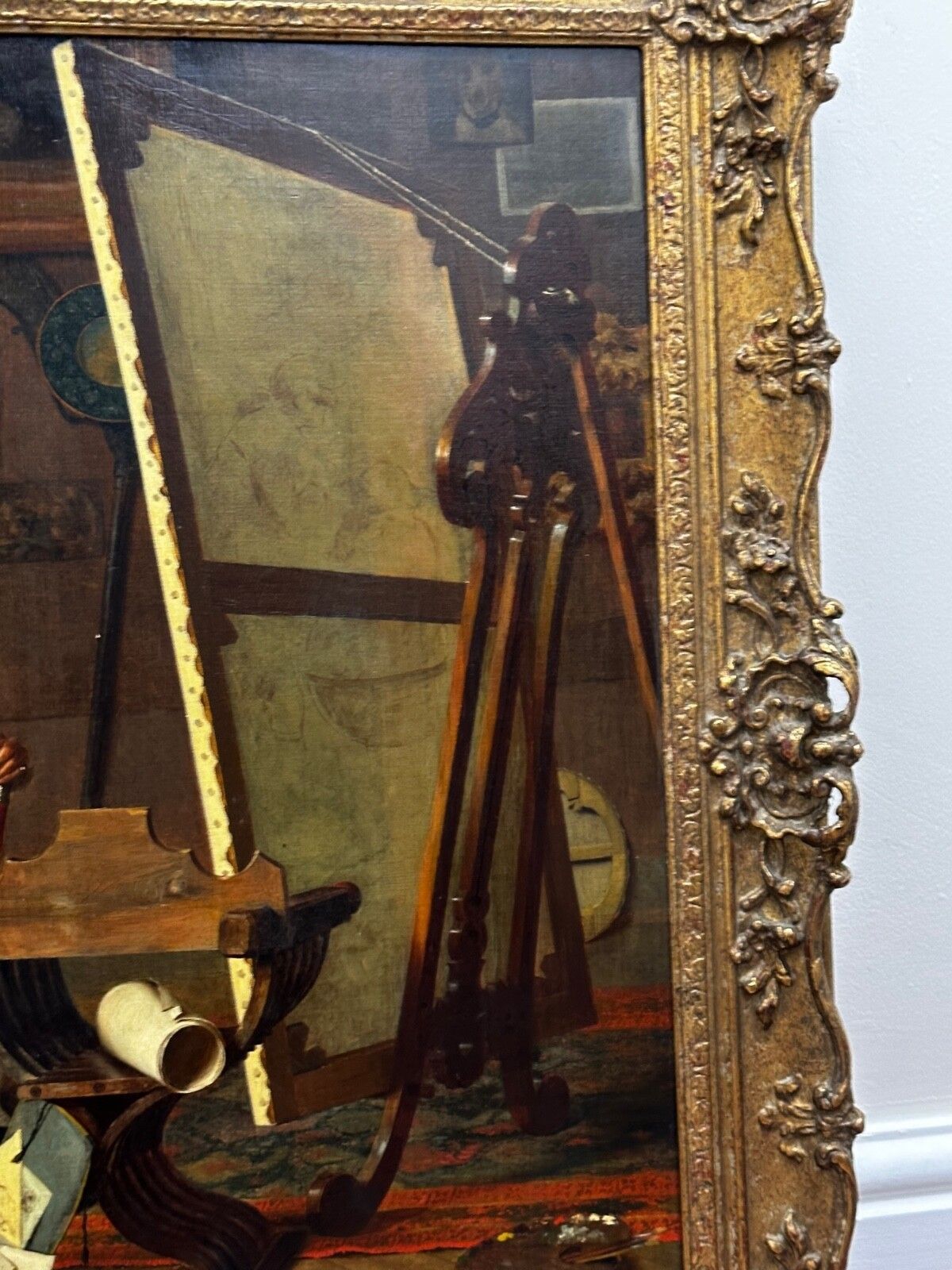 Gilt Framed 19th Century Italian Genre Mutual Admiration Oil Painting By Pompeo Massani photo vinterior