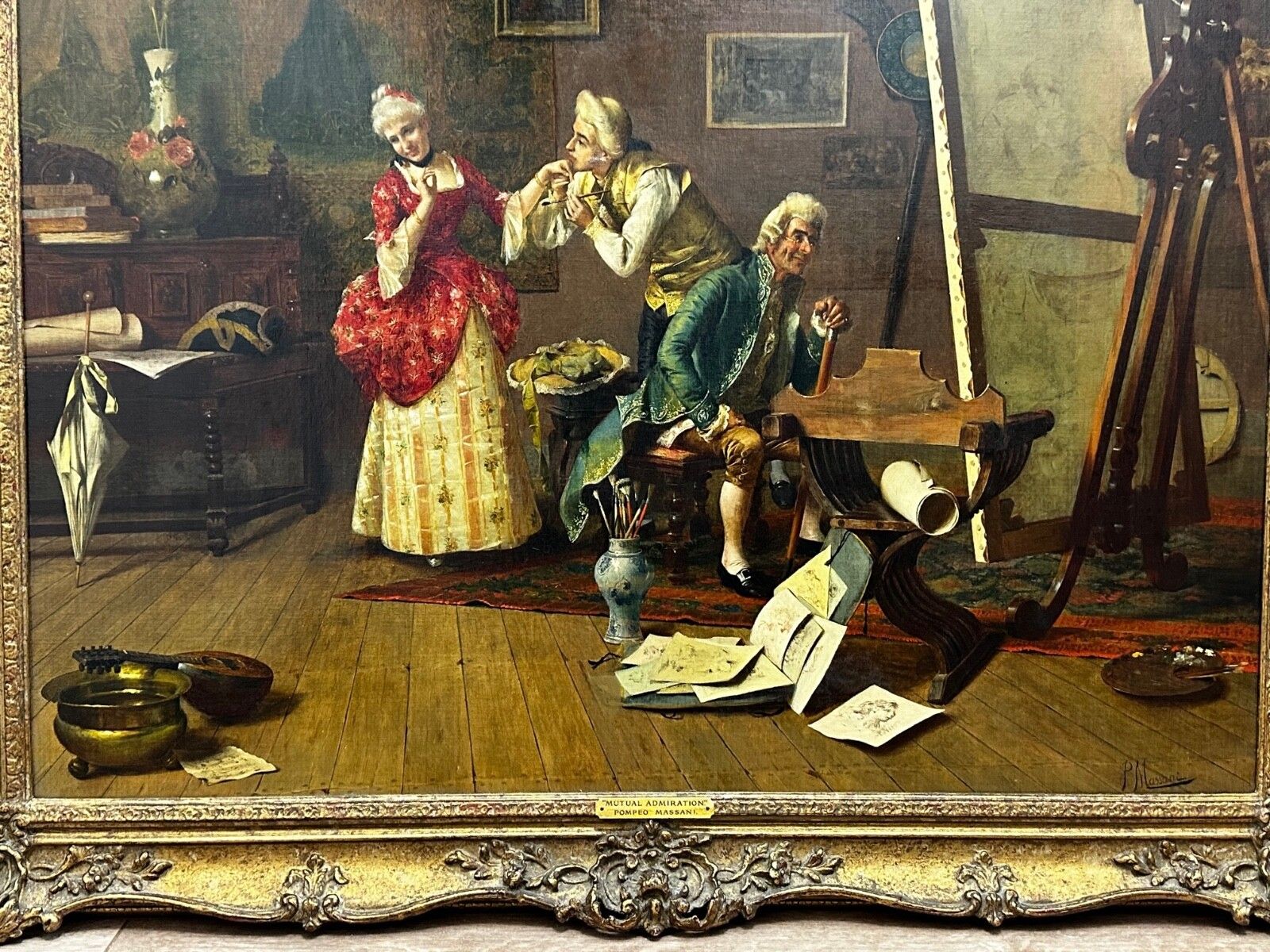 Gilt Framed 19th Century Italian Genre Mutual Admiration Oil Painting By Pompeo Massani photo vintage