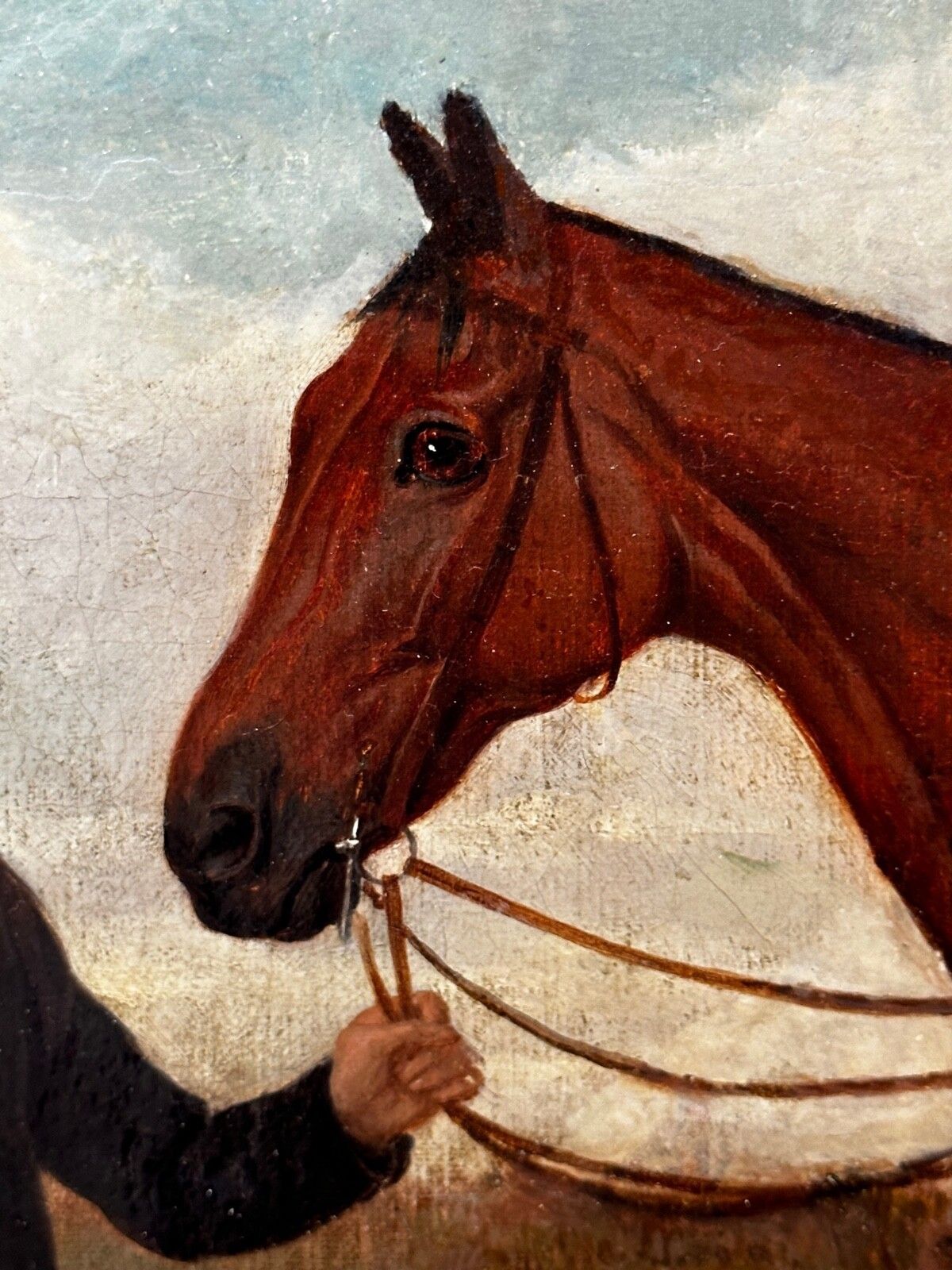 Art Equestrian Oil Painting Victorian Equine Bay Hunter Horse With Groom At French Fair Framed photo