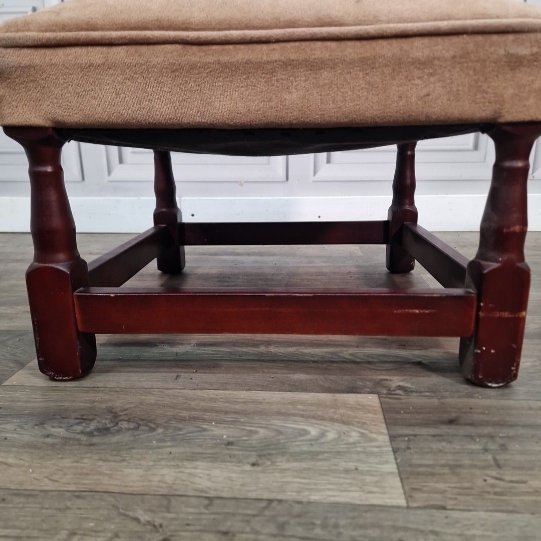 Vintage Foot Stool Retro Turned Wooden Brown Square Rest Pouffe Velvet Fabric photo vintage