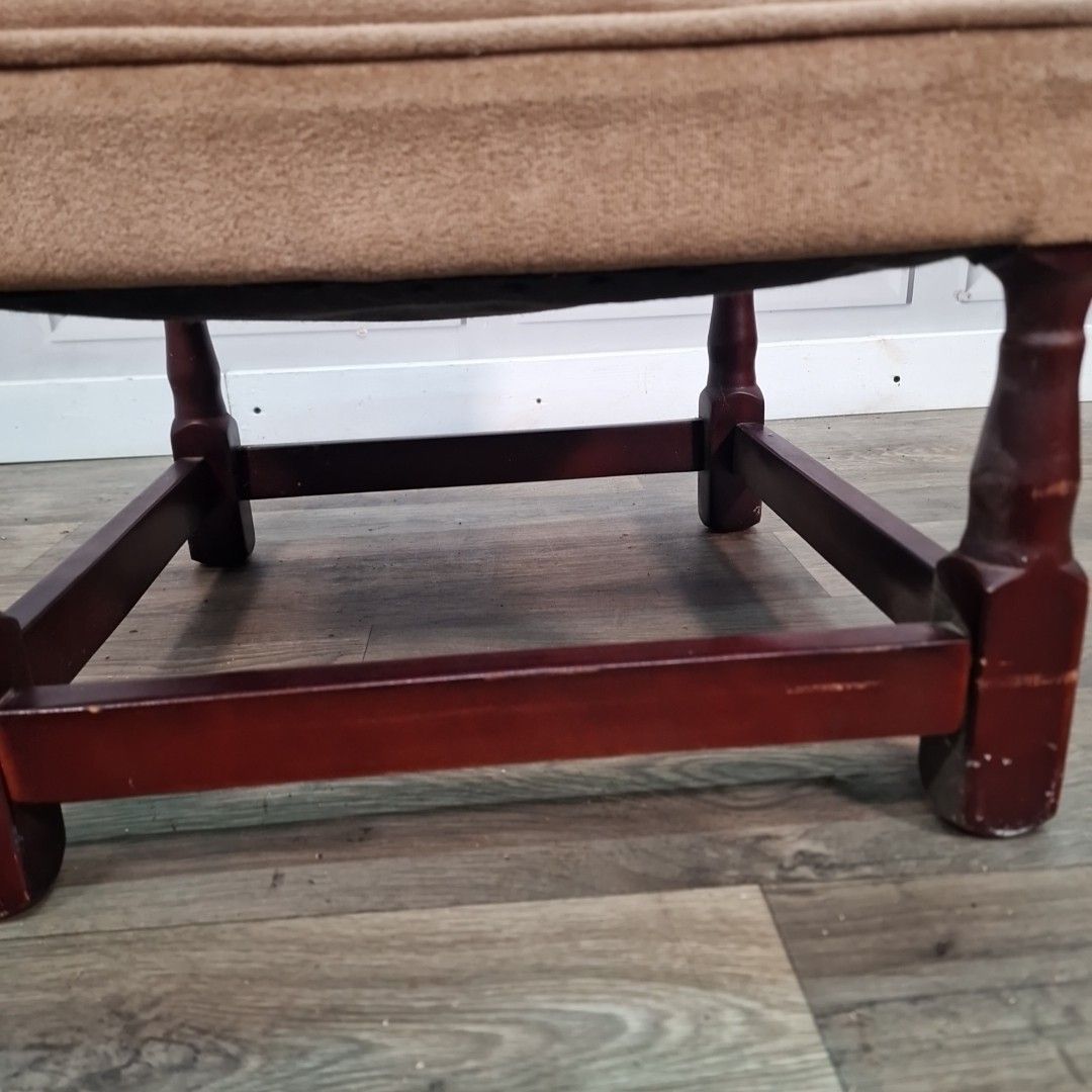 photo for sale Vintage Foot Stool Retro Turned Wooden Brown Square Rest Pouffe Velvet Fabric