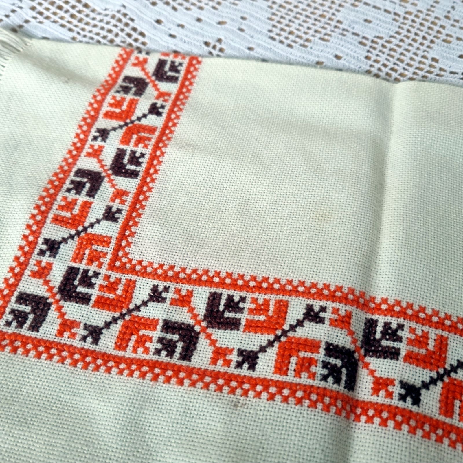 Vintage Handmade Embroidered Scandinavian Fringed Small Table Mat Folk Textile 1970s photo for sale