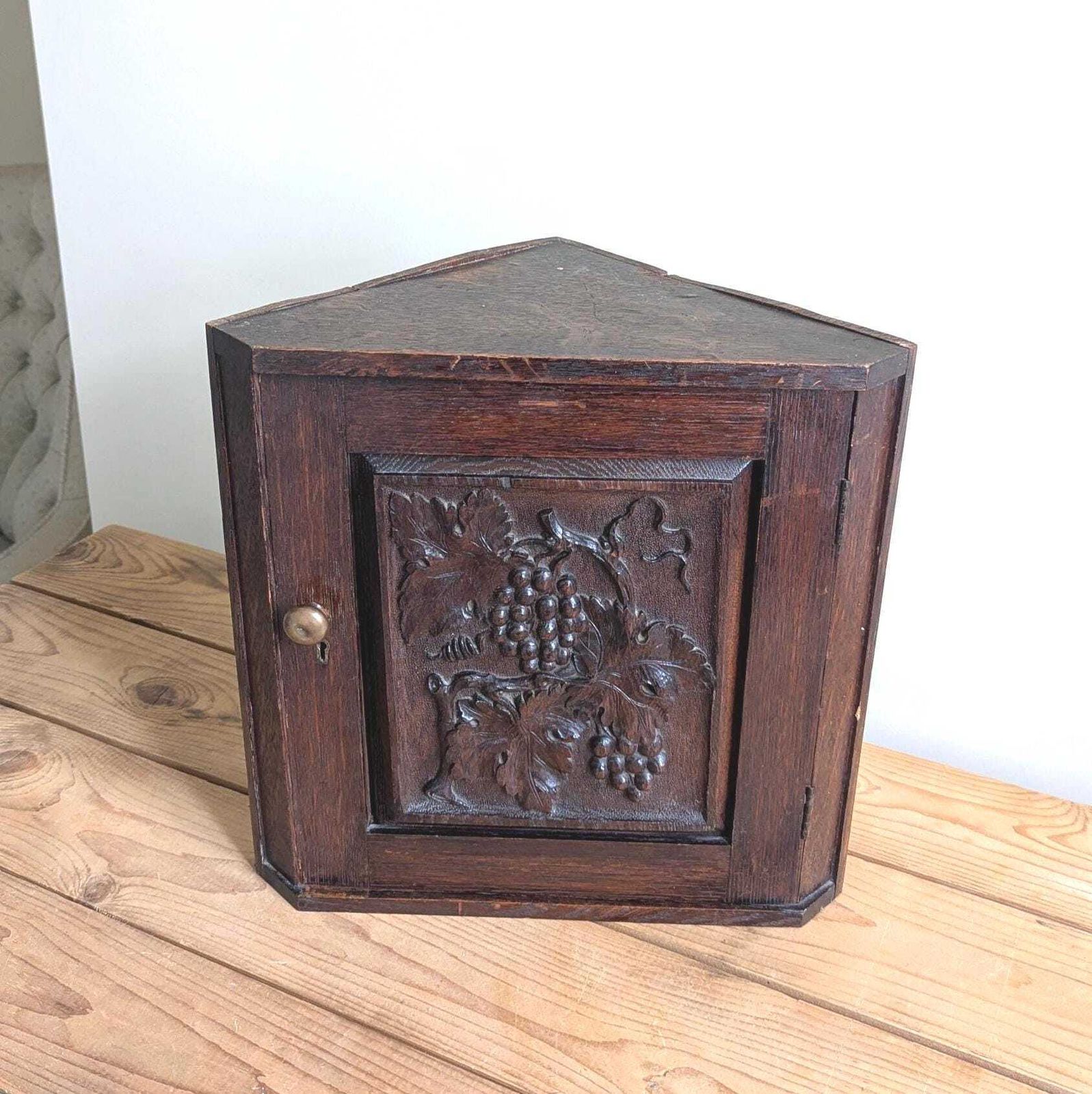 Antique Oak Corner Cupboard: Carved Grapes, Panelled Door, C19th Wall Hanging