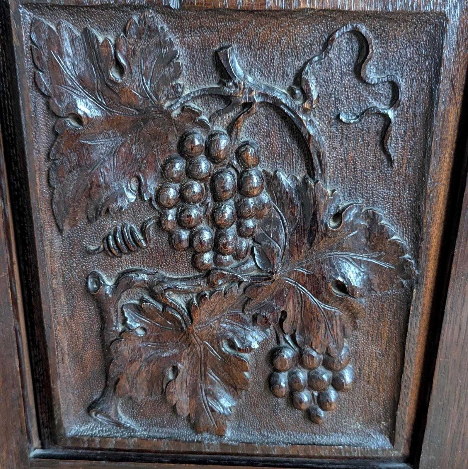 Furniture Antique Oak Corner Cupboard: Carved Grapes, Panelled Door, C19th Wall Hanging photo