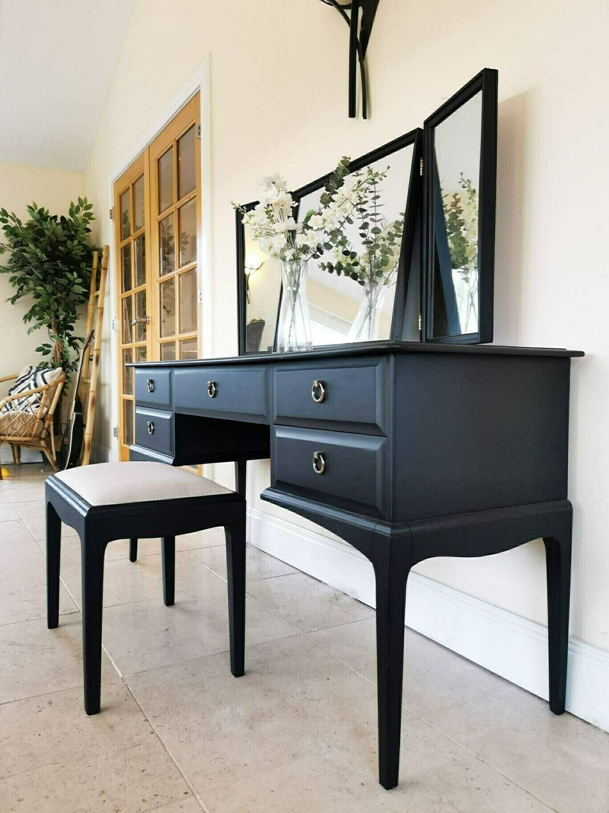 photo for sale Spray Painted Matt Black Stag Minstrel Dressing Table Set With Triple Mirror & Stool