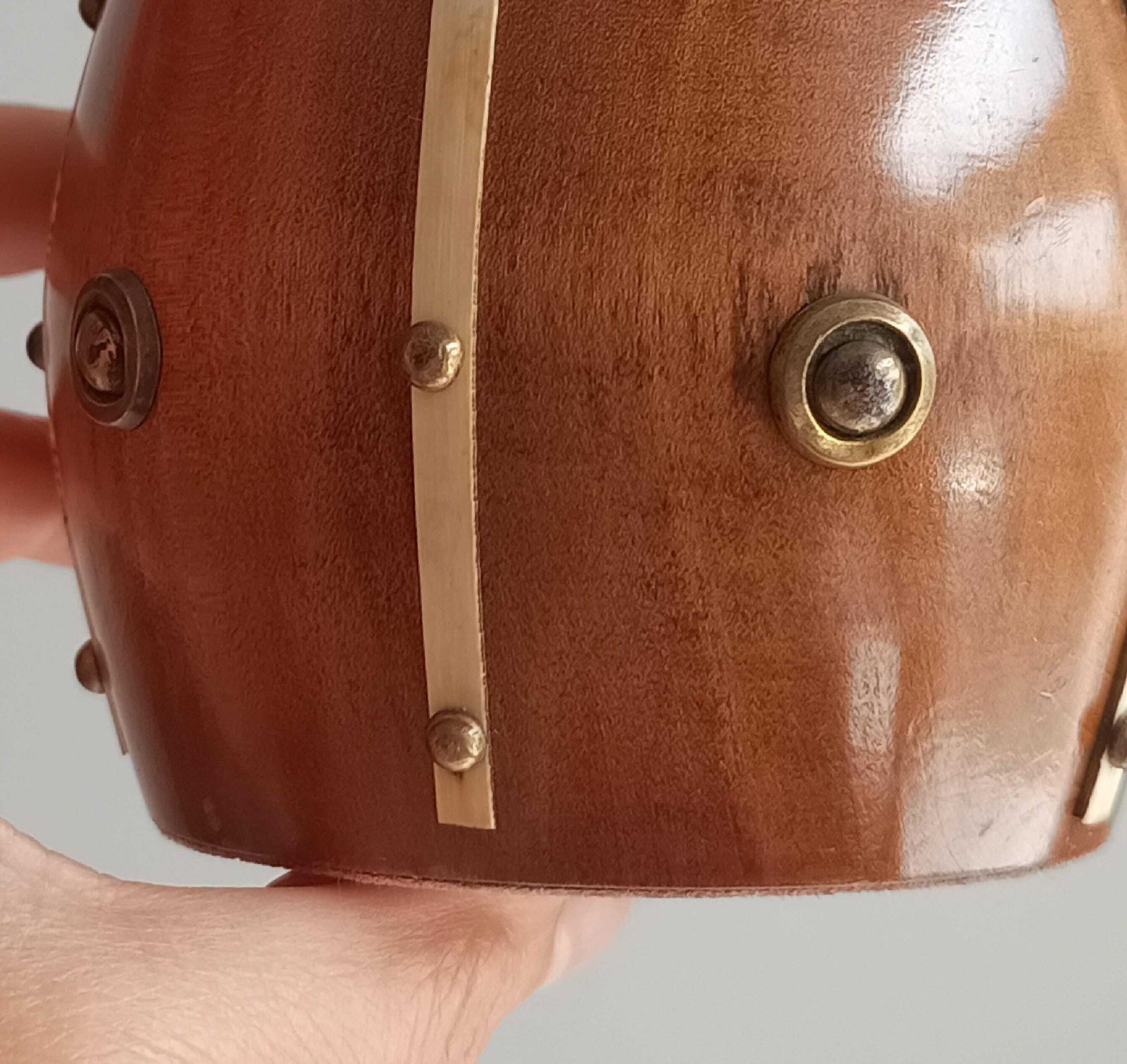 photo for sale Victorian Maritime Fruitwood Tobacco Jar: Bone Strips, Brass Studs, Sailors Treen Tea Caddy