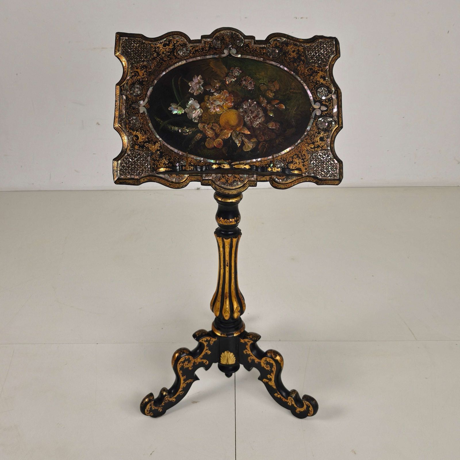 Antique French Papier Mâché Lacquer Music Stand With Mother Of Pearl Inlay C.1880