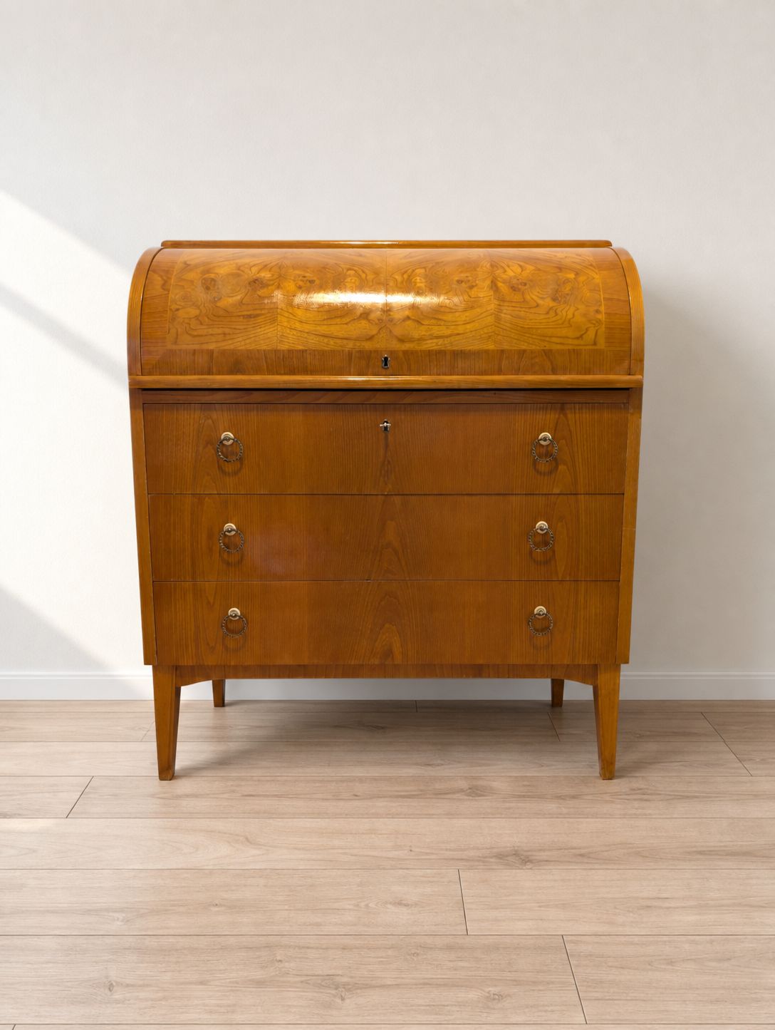 Vintage Scandinavian Teak Roll‑Top Secretary Desk, 1950s Mid Century Writing Bureau