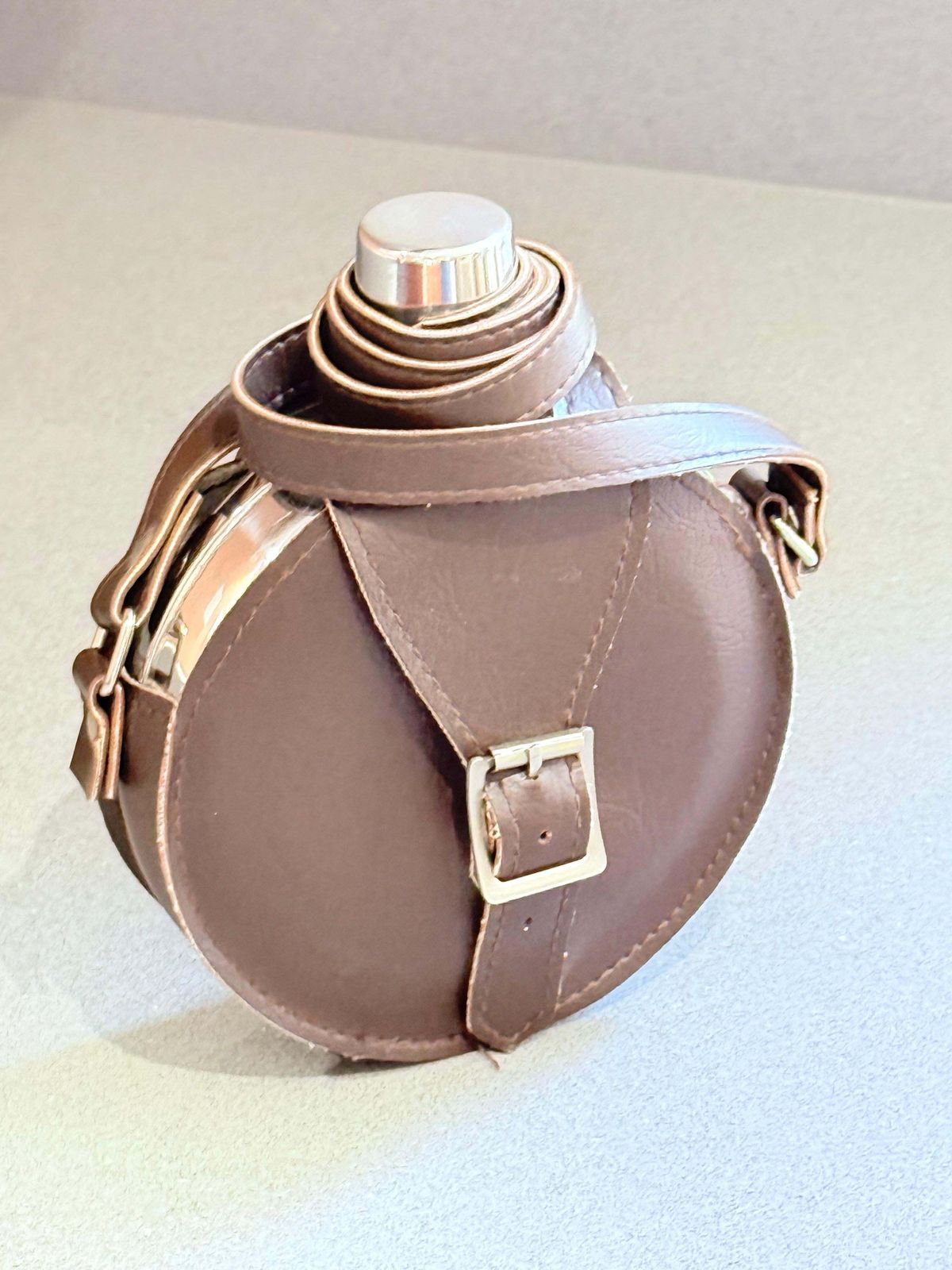 Vintage Stainless Steel Hip Flask Original Leather Carry Case, Gentleman’s Gift photo for sale