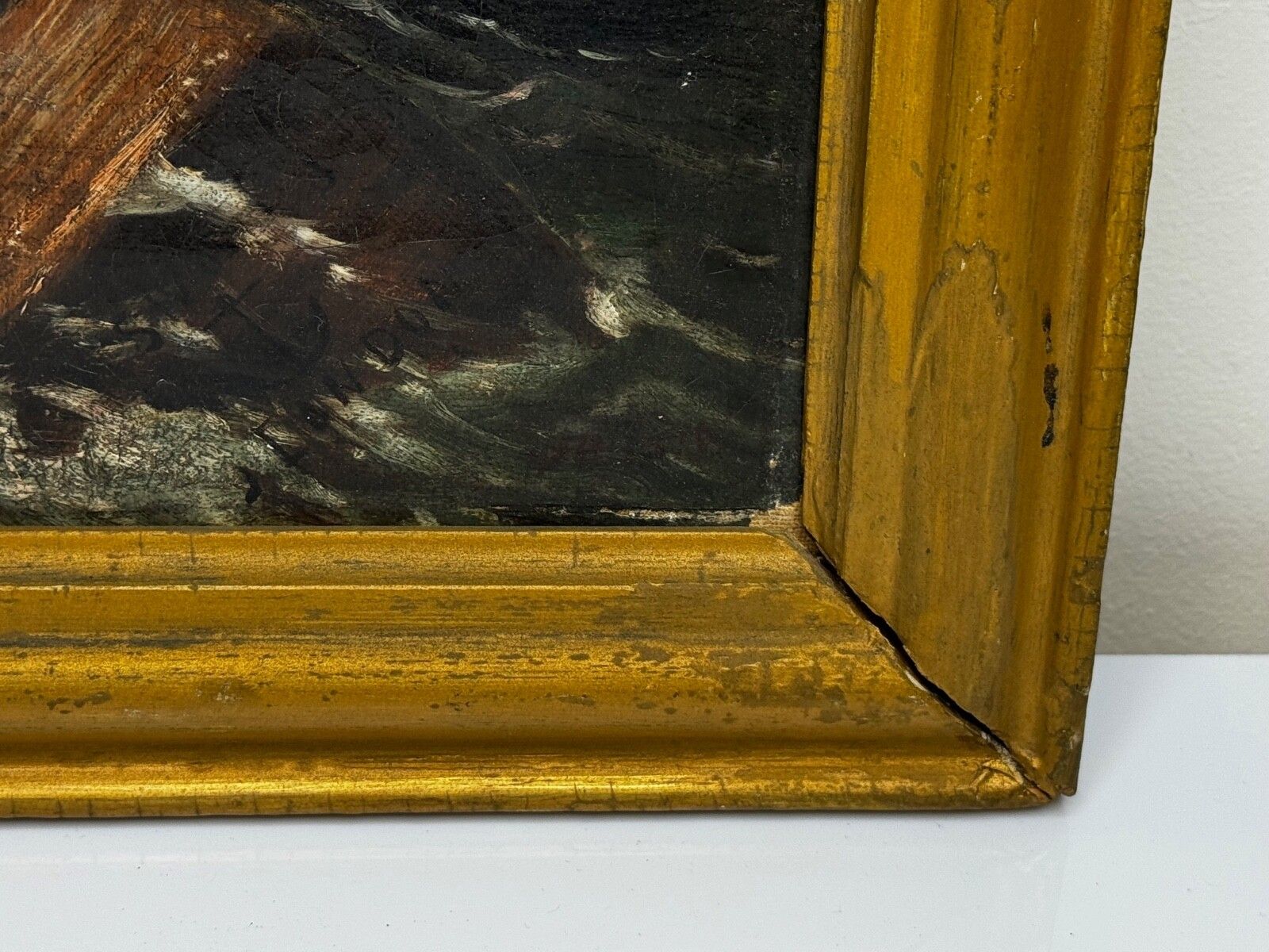 Marine Oil Painting Saint Bernard Dog Swamped Shipwrecked Approaching New York photo vintage