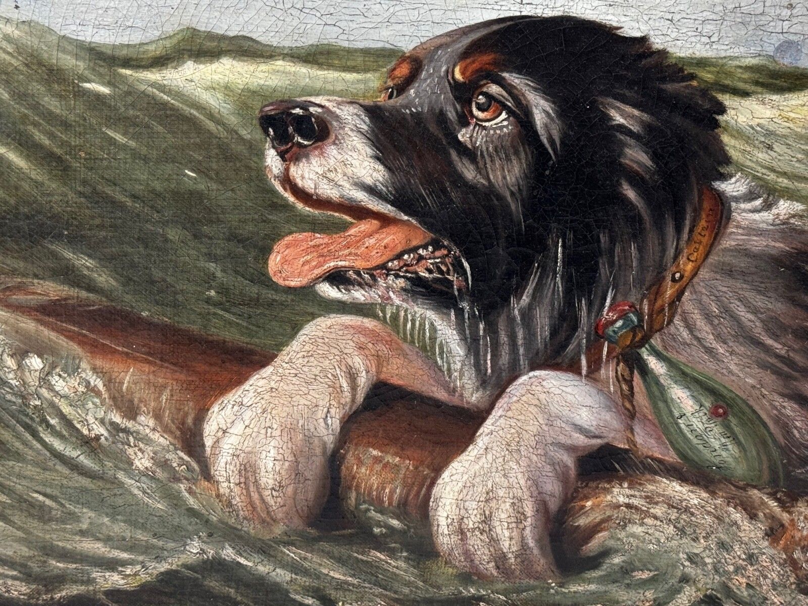 Art Marine Oil Painting Saint Bernard Dog Swamped Shipwrecked Approaching New York photo