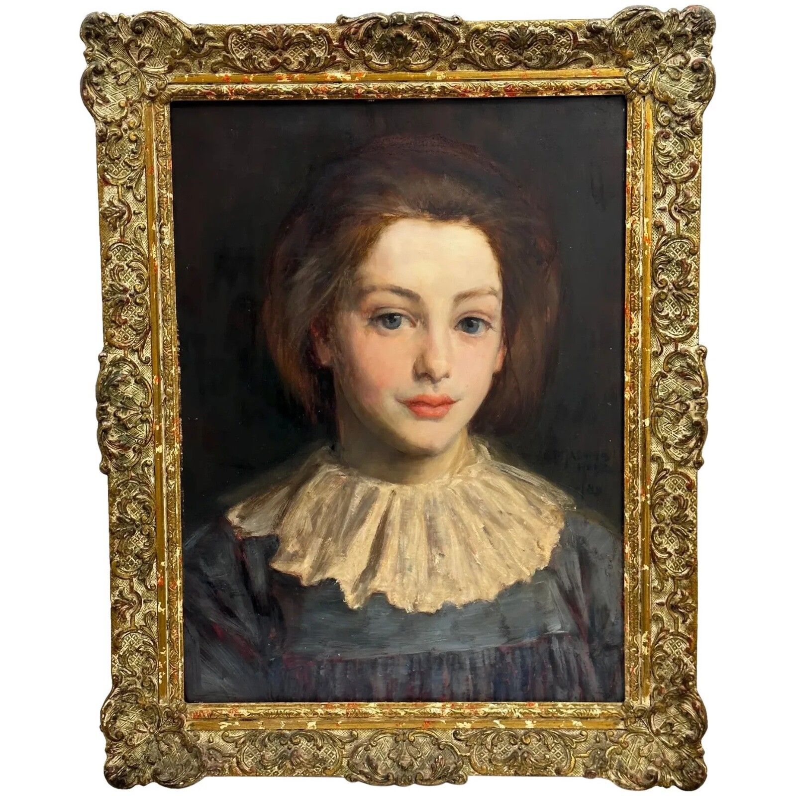 Lady Cherry Lips & Blue Dress Portrait By Signed George Percy Jacomb Hood C1889