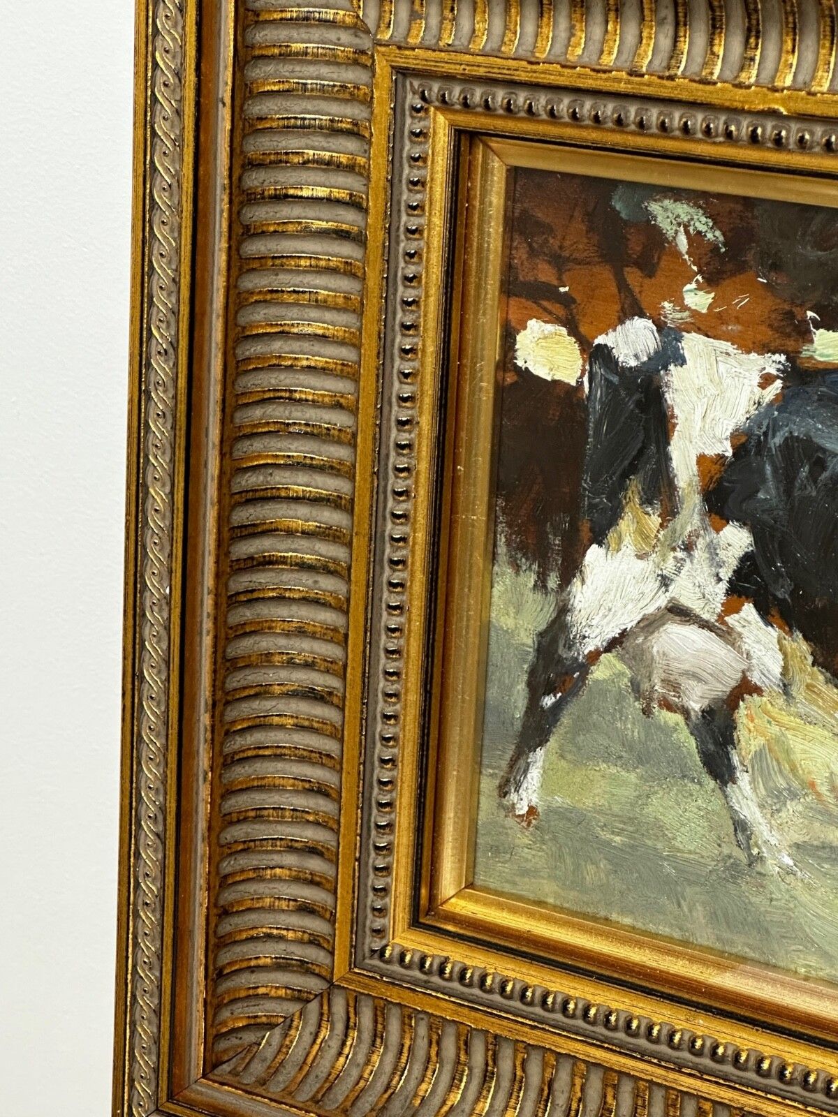 Olieverfschilderij Frisian koe grazend ca. jaren 1900, gesigneerd door George Smith RSA, Schots photo Kunst