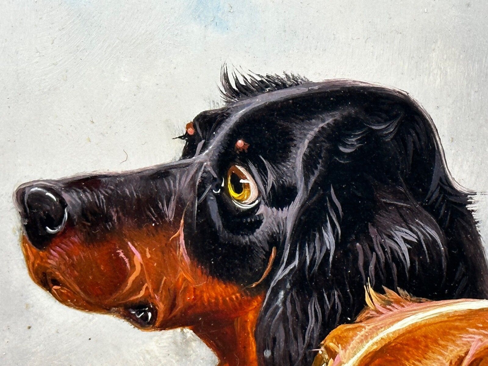 Olieverfschilderij Gordon Setter met Ierse rood-witte jachthonden in de Schotse Hooglanden photo Kunst