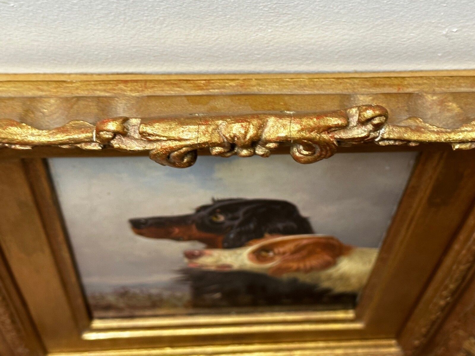 Olieverfschilderij Gordon Setter met Ierse rood-witte jachthonden in de Schotse Hooglanden photo vintage