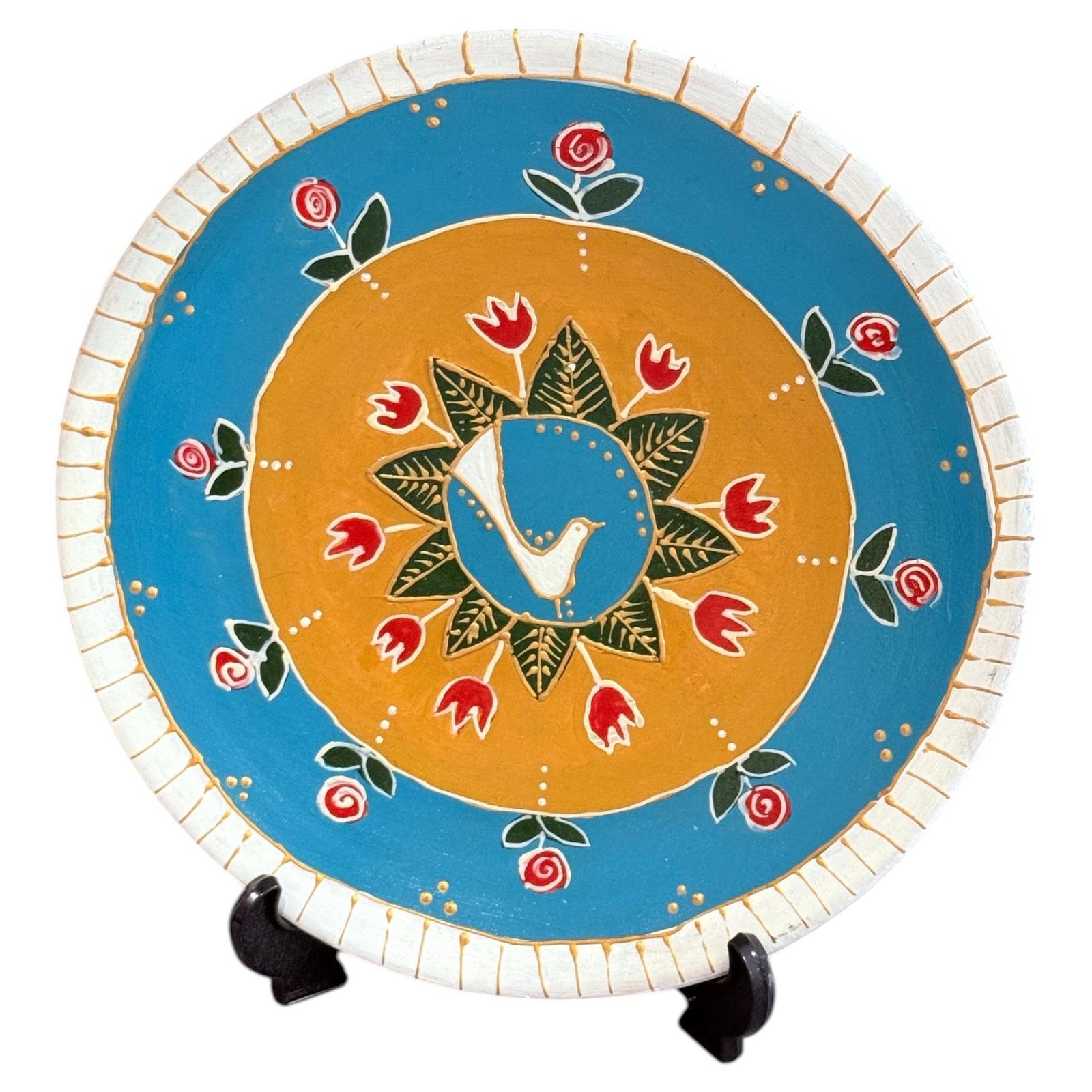 Hand Painted Wall Decorative Ceramic Plate With Dove & Floral Folk Art Design