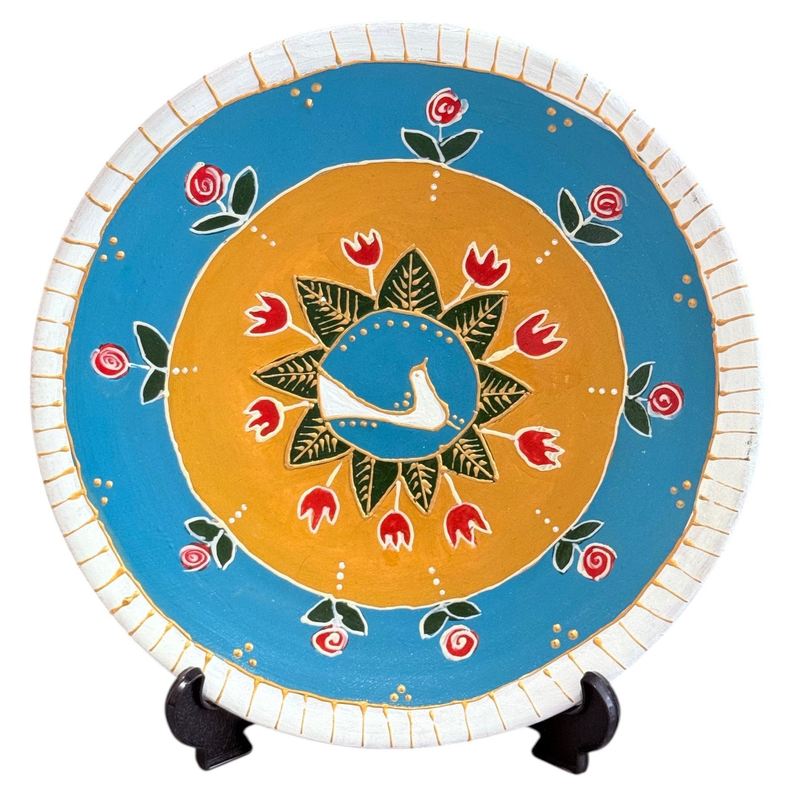 Hand Painted Wall Decorative Ceramic Plate With Dove & Floral Folk Art Design photo furniture