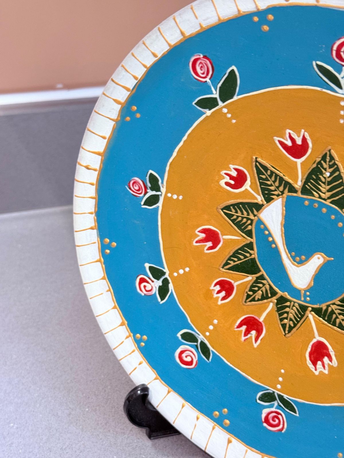 Hand Painted Wall Decorative Ceramic Plate With Dove & Floral Folk Art Design photo for sale