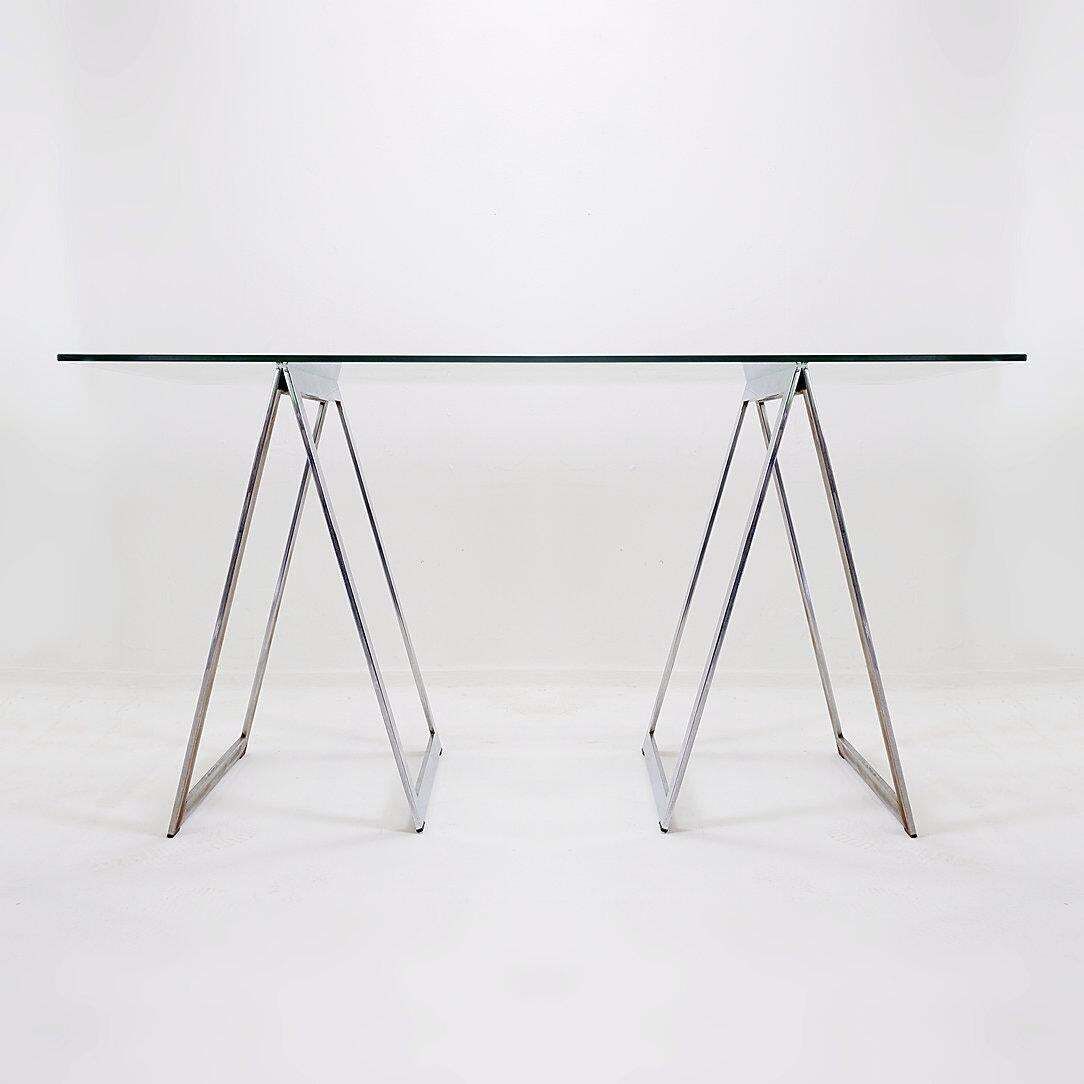 Furniture Mid Century Chrome Trestles Desk With Glass Top, Circa 1970 photo