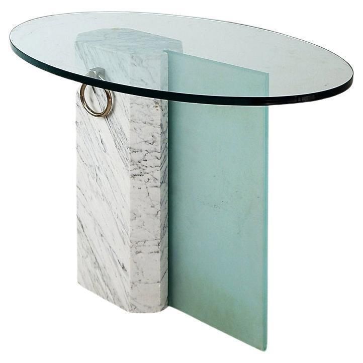 Marble And Sandblasted Glass Side Table   Oval Glass Top   1980s