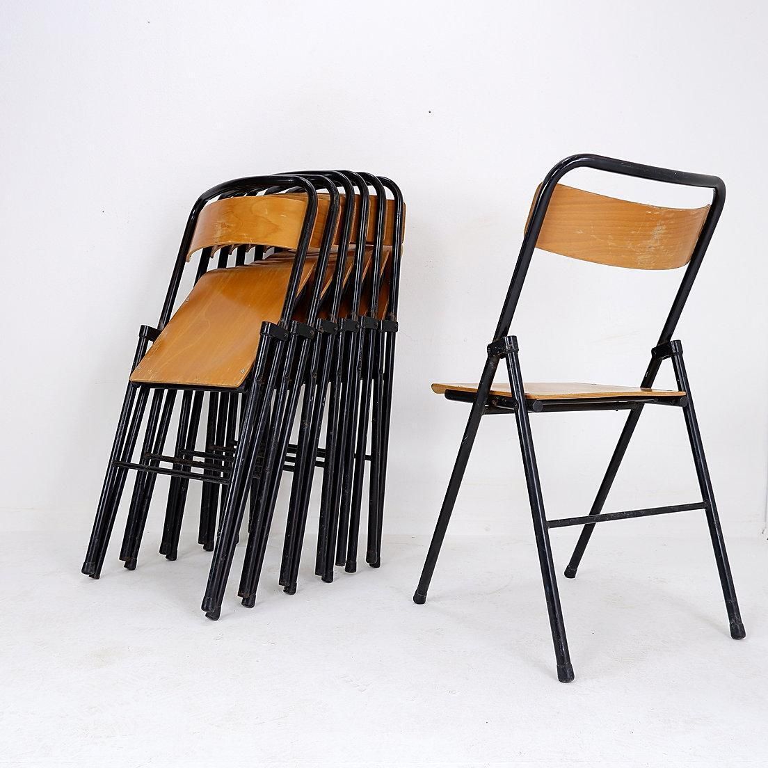 Vintage Set Of 7 Folding Chair In Metal And Wood   1960s photo furniture
