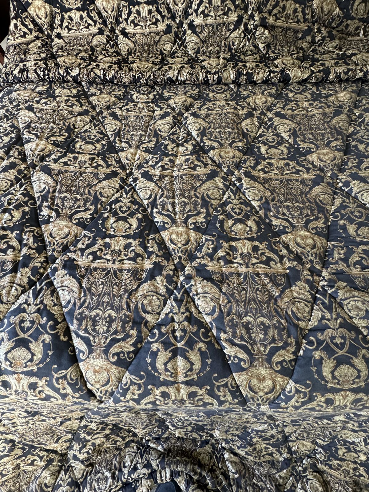Custom Emperor Throw — Black & Gold Baroque Damask, Quilted, Ruffled Border | C.2002 photo vinterior