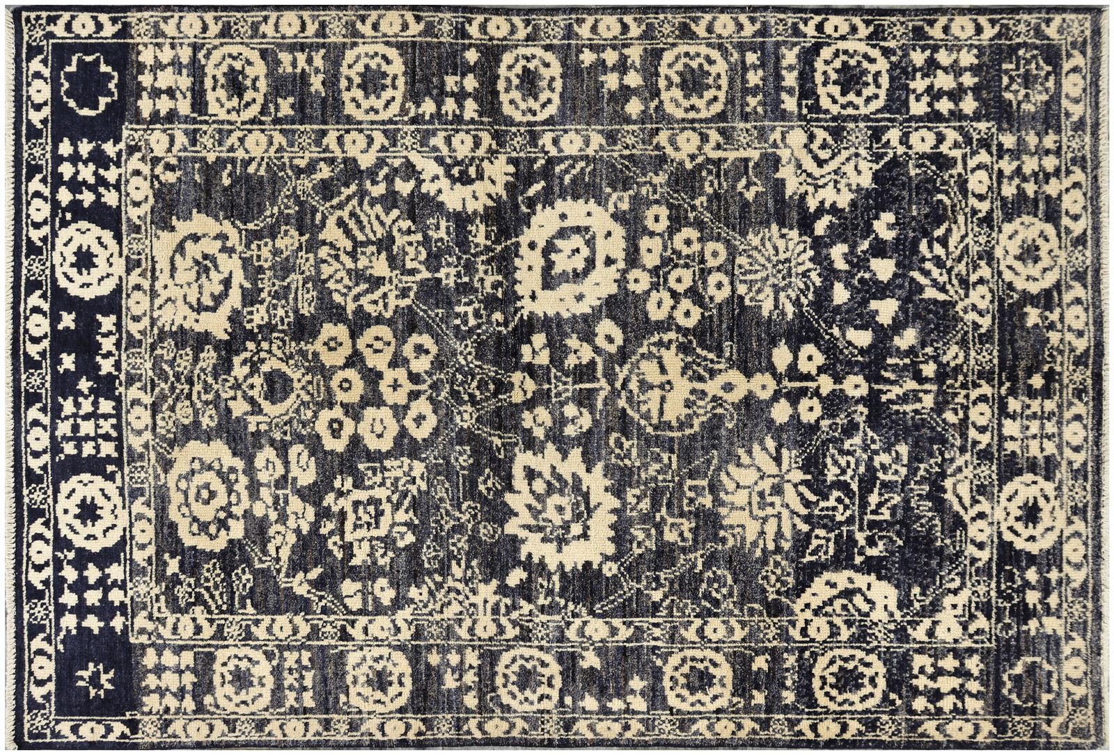 Turkish Oushak Black Floral Hand Knotted Area Rug 127x188cm photo buy