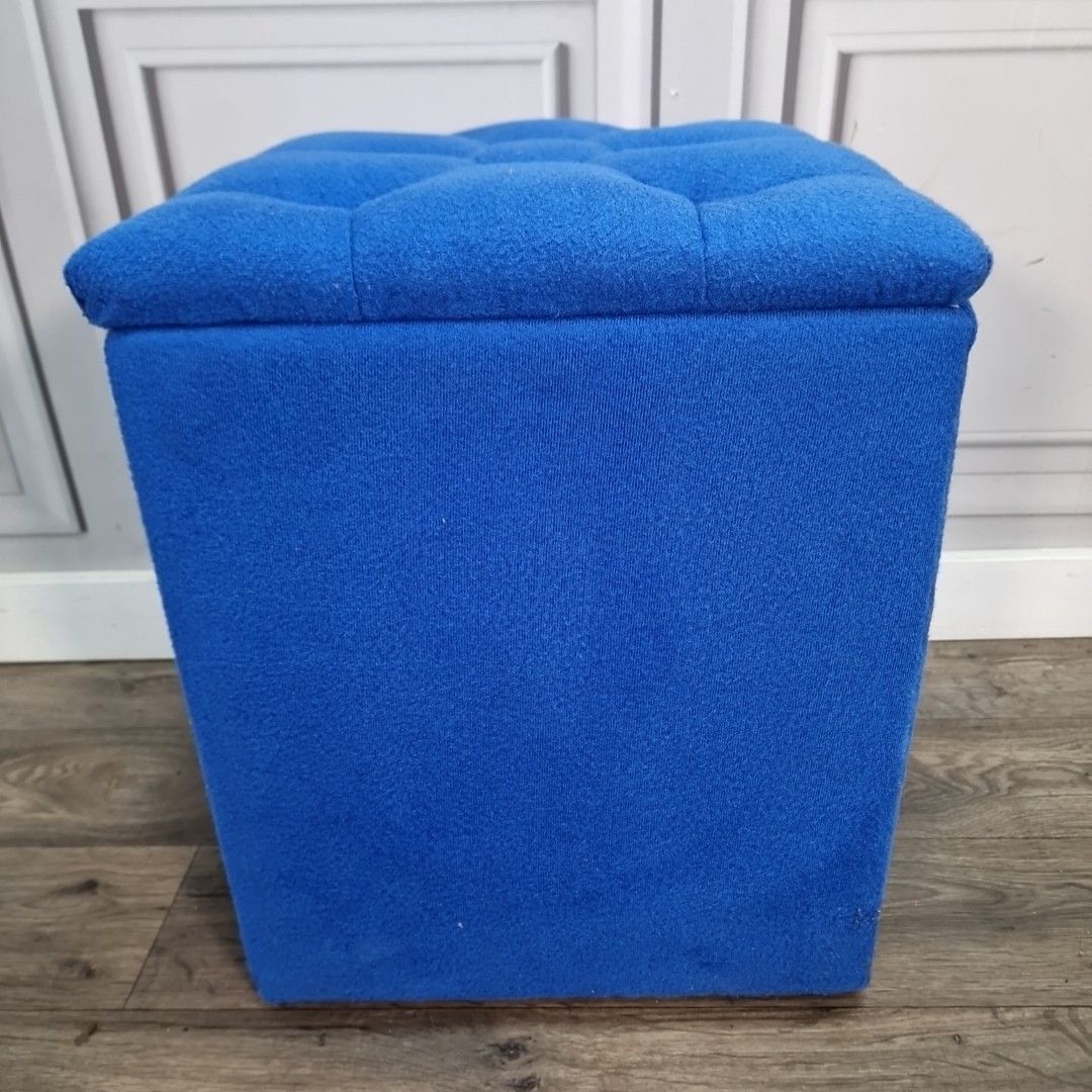 Retro Vintage Ottoman Footstool Blue Upholstered Storage – Lift Up Lid Box Seat photo for sale