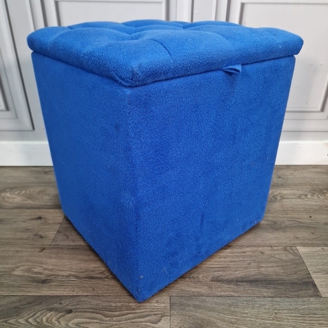 55.0 Retro Vintage Ottoman Footstool Blue Upholstered Storage – Lift Up Lid Box Seat photo