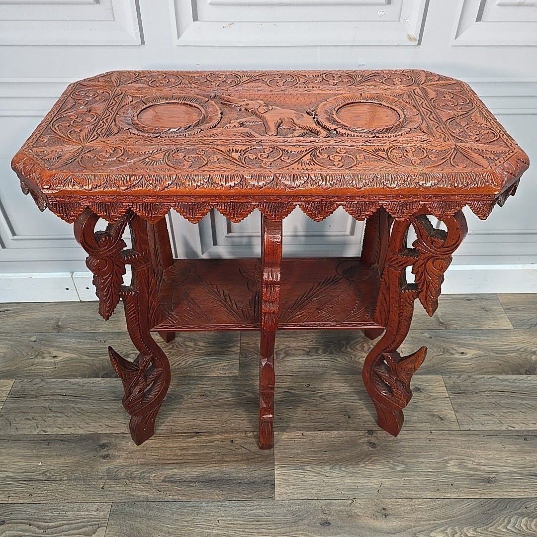 Antique Vintage Side Table Indian Heavily Carved Wooden Elephant & Mythical photo for sale