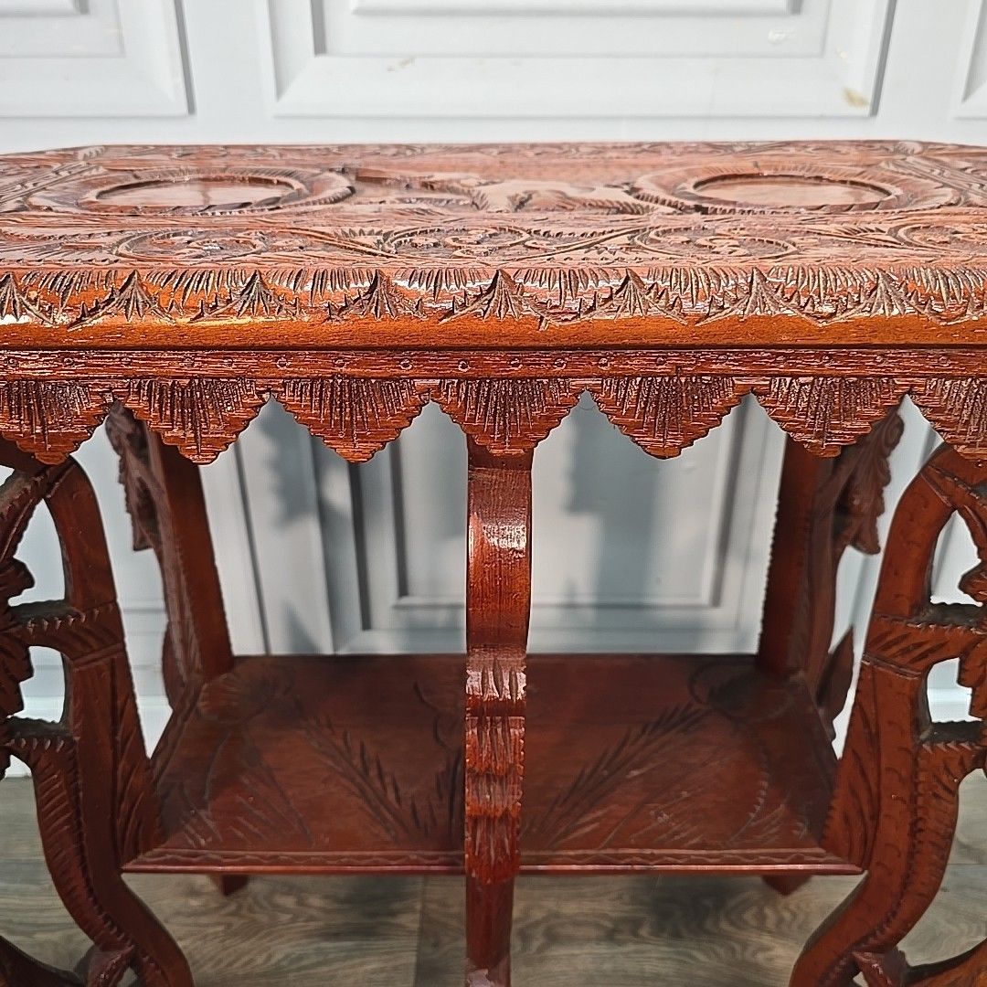 Antique Vintage Side Table Indian Heavily Carved Wooden Elephant & Mythical photo vintage
