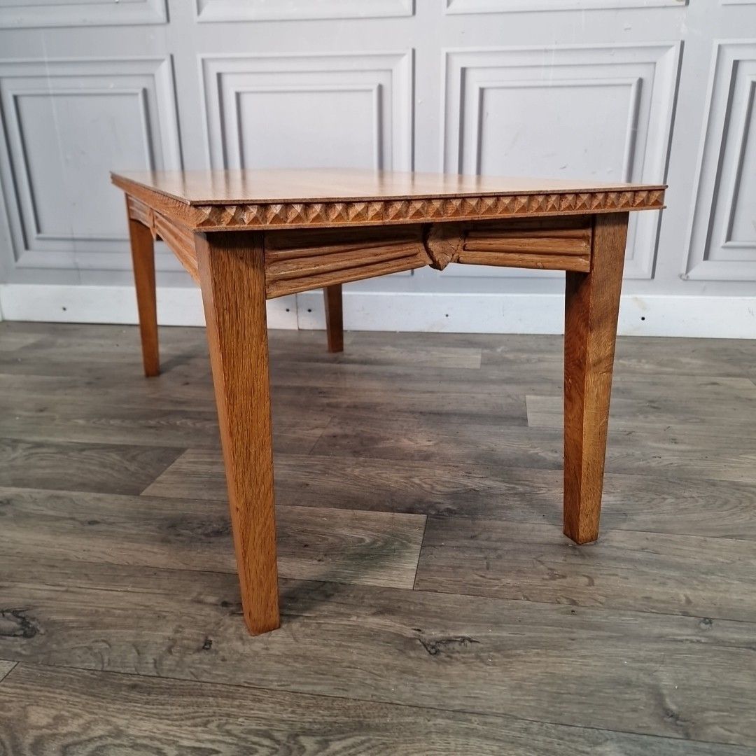 Furniture Vintage Coffee Table Solid Oak Carved Edge – Wooden Mid Century Arts & Crafts photo