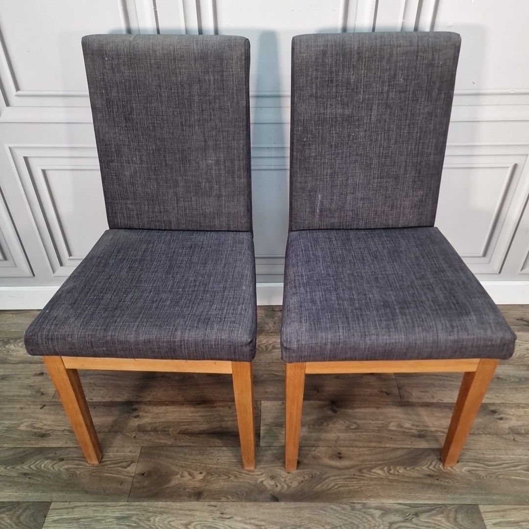 Pair Contemporary Dining Chairs Grey Upholstered Seats Wooden Modern Oak photo for sale