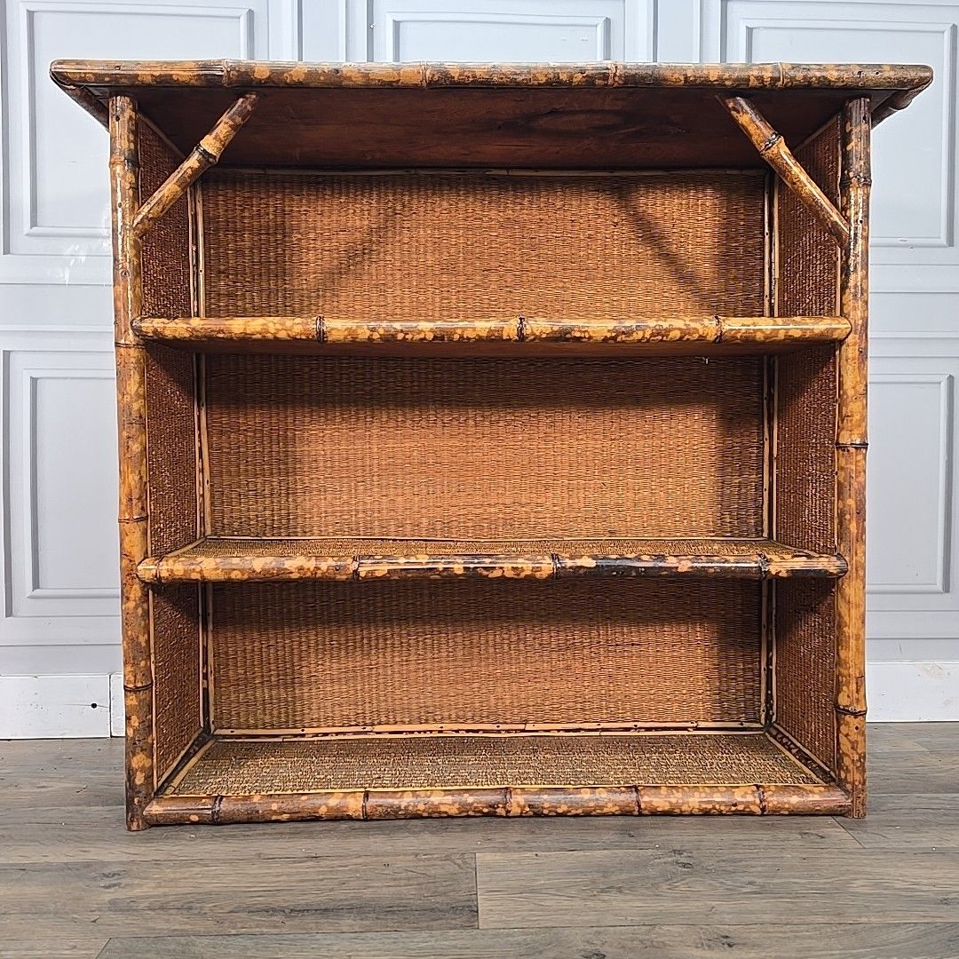 Victorian Aesthetic Bamboo Bookcase Wicker – Anglo Japanese Open Cabinet Tiger photo vintage