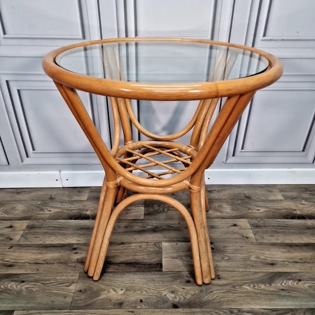 Retro Rattan Occasional Table Glass Top Bistro Garden Mid Century Vintage