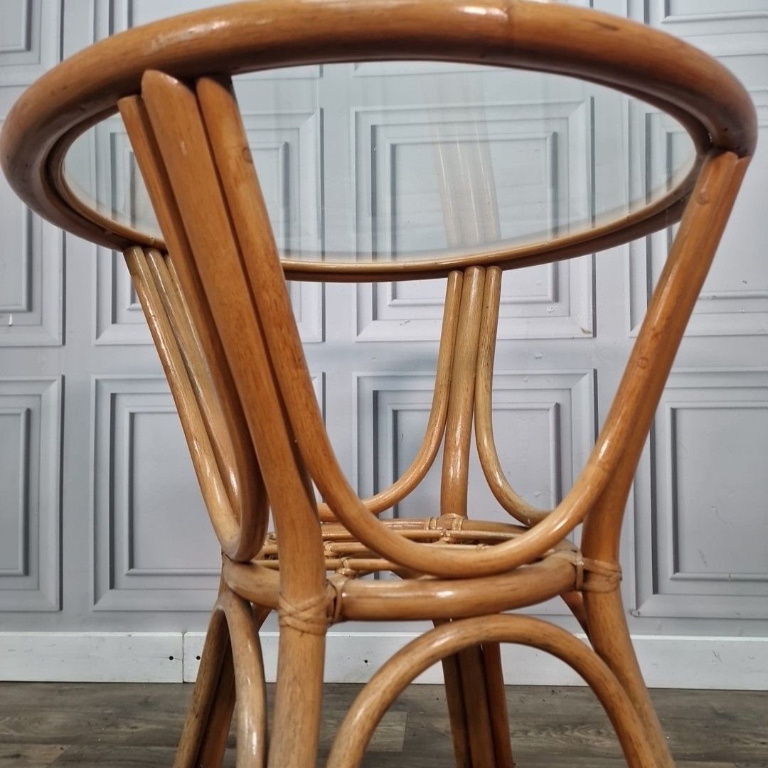 Retro Rattan Occasional Table Glass Top Bistro Garden Mid Century Vintage photo vintage