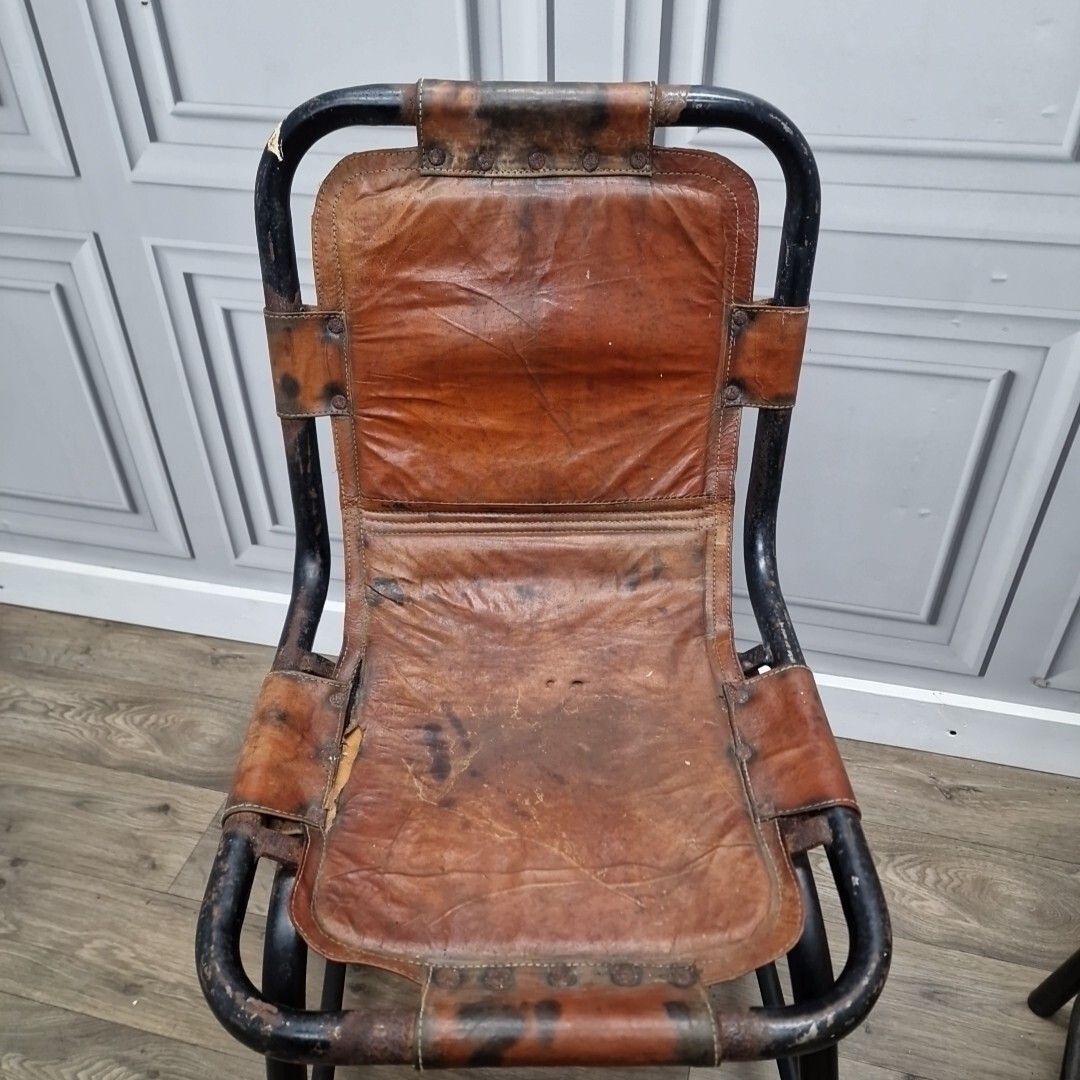 Vintage Pair Metal Chairs Leather Saddle Industrial Seats Charlotte Perriand ? photo vinterior
