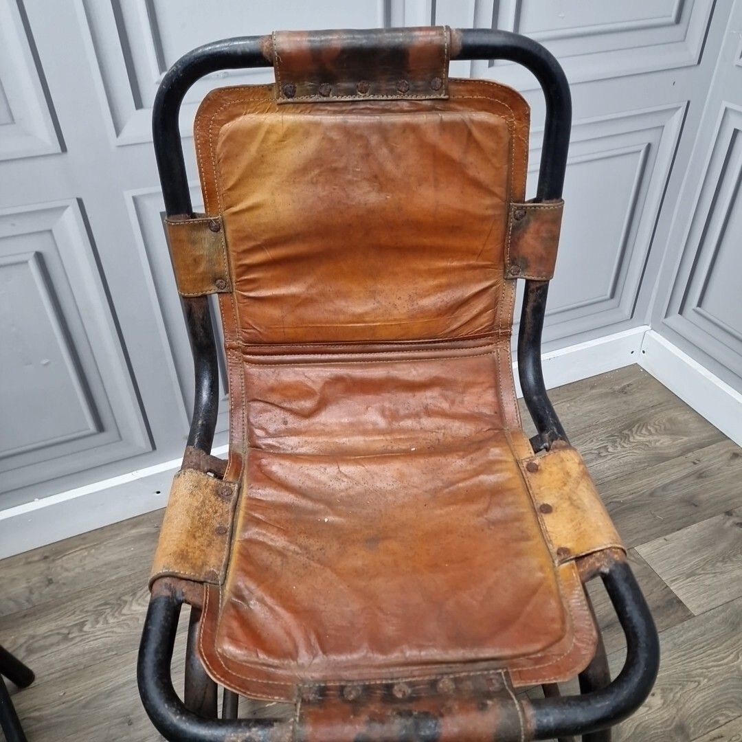 Vintage Pair Metal Chairs Leather Saddle Industrial Seats Charlotte Perriand ? photo buy