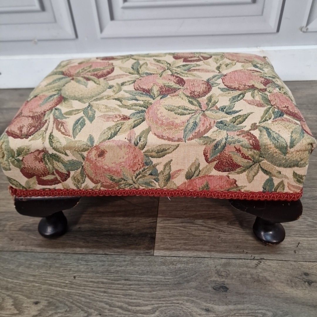 Antique Small Floral Footstool Queen Anne Cabriole Legs Upholstery Wood Vintage photo vinterior