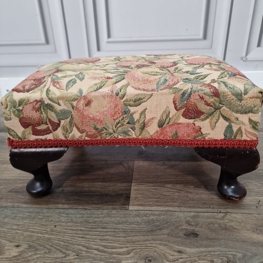 Antique Small Floral Footstool Queen Anne Cabriole Legs Upholstery Wood Vintage photo buy