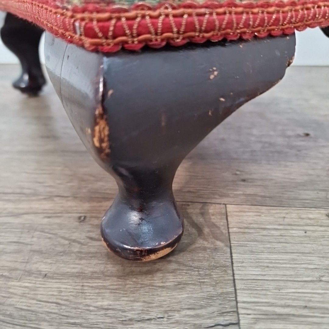 Furniture Antique Small Floral Footstool Queen Anne Cabriole Legs Upholstery Wood Vintage photo