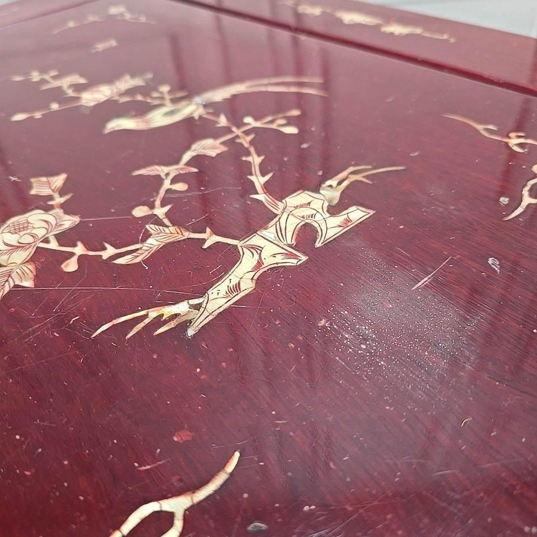 Antique Side Coffee Table Vintage Chinese Carved Drawer Oriental Mother Of Pearl photo vinterior