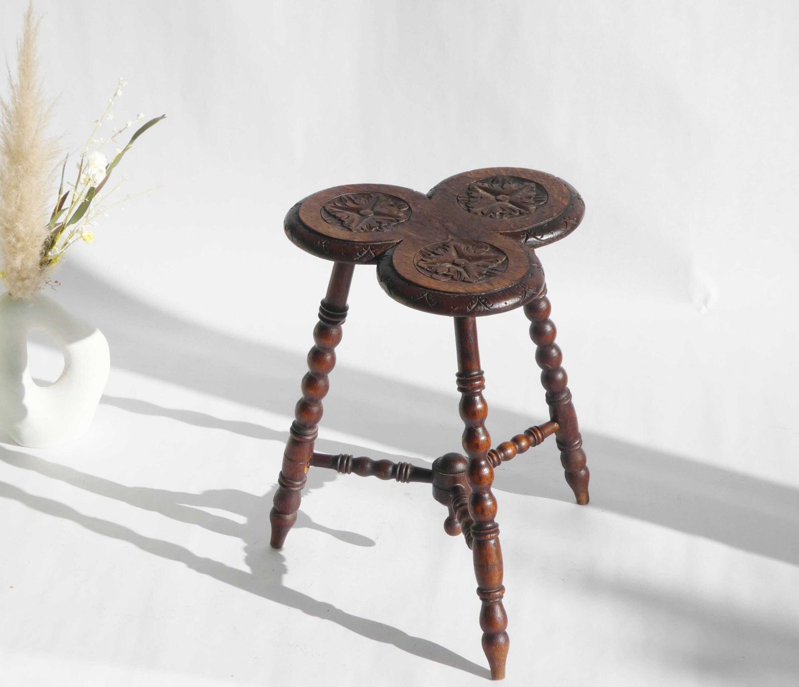 Antique Oak Wooden Side Table, Floral Carved Bobbin Leg Plant Stand, Pedestal Trefoil Top