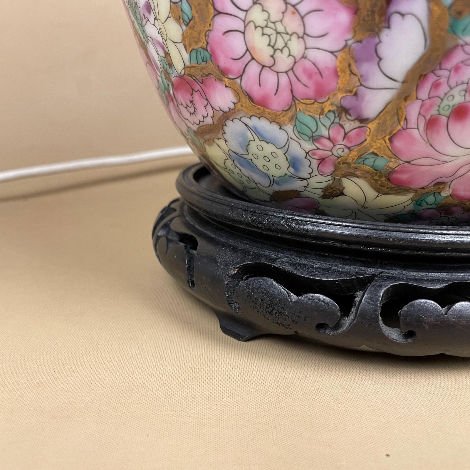 Oriental Ceramic Baluster Vase Lamp Hand Painted Pink Gold Floral Porcelain Table Lamp Chinoiserie Ornate Pattern Wood Base Ginger Jar Large photo vintage